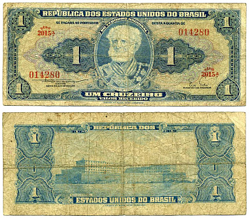 БРАЗИЛИЯ 1 КРУЗЕЙРО 1954-1958 СЕРИЯ 2015А, ПОДПИСЬ 3 Pick 150b бумага F 7220-48-3