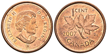 Канада 1 цент 2007 ML, Елизавета II (1952-2022), кленовый лист KM 490а сталь плакированная медью 4609-416