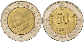 Турция 50 курушей 2010 KM 1243 биметалл 4610-1132