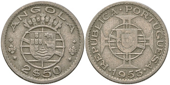 Ангола 2 1/2 эскудо 1953 KM 77 медно-никель 4621-651