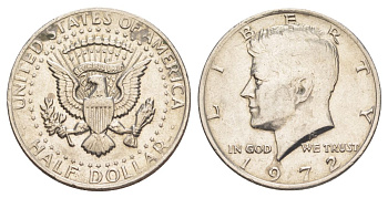 США 1/2 доллара (50 центов) 1972 Джон Кеннеди KM 202b медь плакированная медно-никелем aUNC 4157-1044