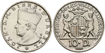 Андорра 10 динеров 1984 Жоан Марти-и-Аланис. Епископ Уржеля, тираж 7500 экз. KM 17 серебро BU 4606-557