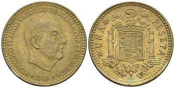 Испания 1 песета 1966 (75) Франциско Франко (1939-1975) КМ 796 алюминиевая бронза 85-656