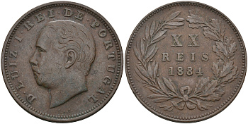 ПОРТУГАЛИЯ 20 РЕЙСОВ 1884 ЛУИШ (ЛЮДОВИК) I (1861-1889) KM 527 бронза 4565-141