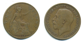 Великобритания 1 пенни 1915 Георг V (1910-1936) KM 810, Spink 4051 бронза 4383-626