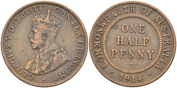 АВСТРАЛИЯ 1/2 ПЕННИ 1914 L, ГЕОРГ V (1910-1936) KM 22 бронза 4514-617