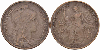 ФРАНЦИЯ 5 САНТИМОВ 1916 ТИП ДАНИЭЛЬ ДЮПЮИ, INCLUS KM 842, LE FRANC 119.29 бронза 108-951