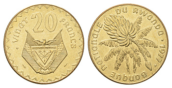 Руанда 20 франков 1977 год-тип KM 15 латунь UNC 4678-141