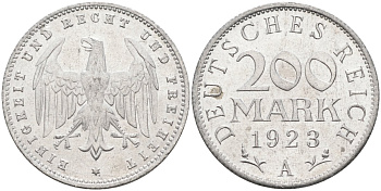 Германия 200 марок 1923 A KM 35, J. 304, Weege 22 алюминий UNC 4586-226