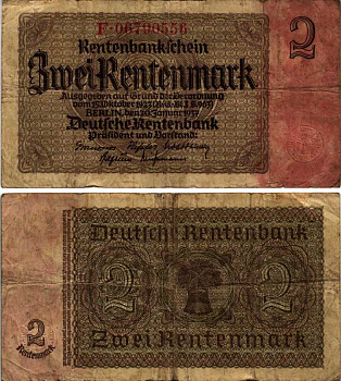 ГЕРМАНИЯ 2 РЕНТЕНМАРКИ 1937 30 ЯНВАРЯ 1937, ВЕЙМАРСКАЯ РЕСПУБЛИКА, ВОСЕМЬ ЦИФР В НОМЕРЕ СЕРИИ, СЕРИЯ F, ДРУГОЕ НАПИСАНИЕ БУКВ И ЦИФР Pick 174b, Rosenberg 167c бумага 6278-41-2-2