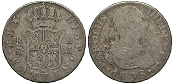 Испания 2 реала 1808 M AL, мондвор (Мадрид), Карлос IIII (1788-1808) KM 430.1 ( C69.1) серебро 650-813