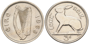 Ирландия 3 пенса 1968 заяц KM 12а медно-никель аUNC 4580-934