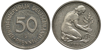 ФРГ 50 пфеннигов 1994 G, монетный двор Карлсруэ KM 109.2, J. 384а медно-никель 186-834