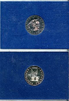 Франция 10 франков 1988 100 лет со дня рождения Ролан Гарроса (1888-1918), самолет, в оригинальной упаковке KM 965b серебро  PROOF  1-6-4-20