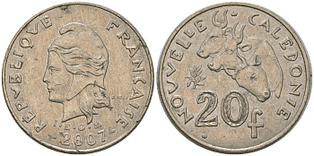 Французская Новая Каледония 20 франков 2007 три быка, (IEOM) KM 12a, Schoen 14a медно-никель 4131-826