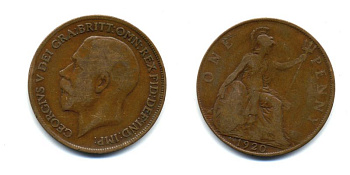 Великобритания 1 пенни 1920 Георг V (1910-1936) КМ 810, Spink 4051 бронза 47-423