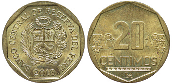Перу 20 сентимо 2008 KM 306.4 латунь aUNC 4605-515