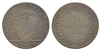 Швейцарские кантоны, Шаффхаузен 1 батцен 1809 KM 69 серебро 603-1332