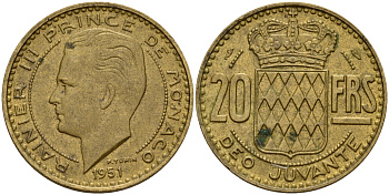 Монако 20 франков 1951 Ренье III (1949-2005) KM 131 алюминиевая бронза    4601-834