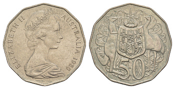 Австралия 50 центов 1980 Елизавета II (1952-2022), герб Австралии, кенгуру KM 68 медно-никель 4653-1133