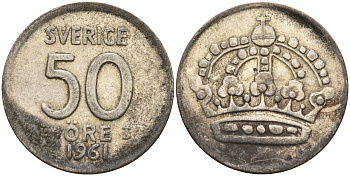 Швеция 50 эре 1961 TS, Густав VI Адольф (1950-1973) KM 825 серебро 4148-953
