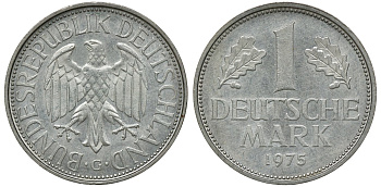 ФРГ 1 МАРКА 1975 G KM 110, J. 385 медно-никель aUNC 72-845