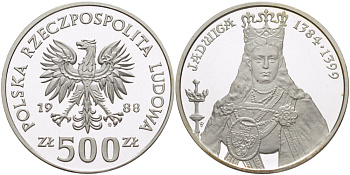 Польша 500 злотых 1988 MW, серия польские короли, королева Ядвига (1384-1399), тираж 8000 экземпляров KM 181, Parchimowicz 333 серебро  PROOF  1085-2-11