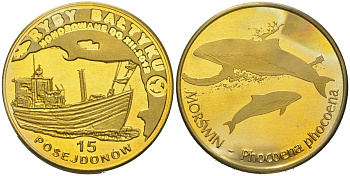 Польша 15 посейдонов ND (2011-2012 рыбы балтики 2012 - дельфин, диаметр 32,5 мм, вес 14,1 гр латунь PROOF 1085-7-64