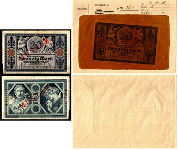 Германия 20 марок 1915 4 ноября, MUSTER, образец, Specimen. В оригинальном банковском конверте. Из коллекции Отто Сейфферта (помощник Ялмара Шахта - министра экономики Германии и президента Рейхсбанка времен третьего рейха) Pick 63 s, Grabowski DEU 42 бум