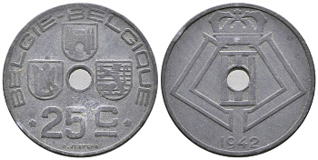 БЕЛЬГИЯ 25 САНТИМОВ 1942 BELGIE-BELGIQUE, ГЕРМАНСКАЯ ОККУПАЦИЯ, ВТОРАЯ МИРОВАЯ ВОЙНА KM 132 цинк 4364-3752