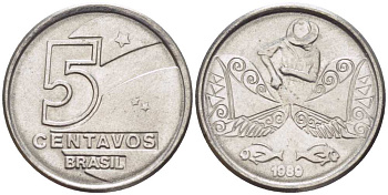 БРАЗИЛИЯ 5 СЕНТАВО 1989 РЕФОРМА 1989-1990 KM 612 нержавеющая сталь 105-318