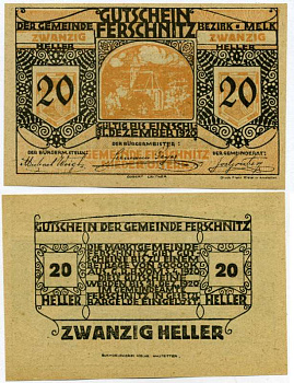 Австрия, Фершниц 20 геллеров 1920 5 апреля 1920 - 31 декабря 1920, нотгельд, ярмарочная коммуна в земле Нижняя Австрия   бумага  UNC (пресс) 7221-26-1-2