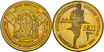 Танзания 2000 шиллингов 1996 XXVI Олимпийские игры 1996 года в Атланте, 100 лет Олимпейскому движению, бег, пробник, гладкий гурт латунь PROOF 04-323-15