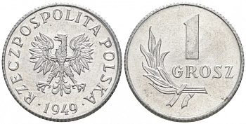ПОЛЬША 1 ГРОШ 1949 KM 39 алюминий UNC 39-437