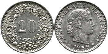 ШВЕЙЦАРИЯ 20 РАППЕНОВ 1959 В KM 29а медно-никель 4539-611