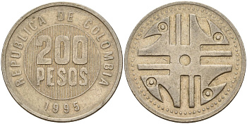 Колумбия 200 песо 1995 KM 287 медь никель цинк 4163-1134
