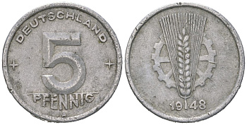 ГДР 5 пфеннигов 1948 A KM 2 алюминий 4147-154