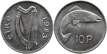 ИРЛАНДИЯ 10 ПЕНСОВ 1982 ЛОСОСЬ KM 23 медно-никель 4531-742