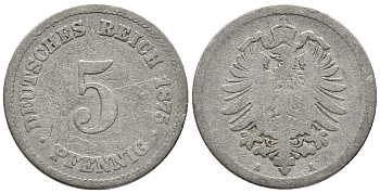 ГЕРМАНИЯ 5 ПФЕННИГОВ 1875 A, СТАРОГЕРБОВКА KM 3, J. 3 медно-никель 39-327