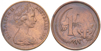 АВСТРАЛИЯ 1 ЦЕНТ 1971 ЕЛИЗАВЕТА II, МОЛОДОЙ ПОРТРЕТ, ОПОССУМ КМ 62 бронза 3955-453