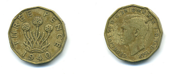 Великобритания 3 пенса 1940 Георг VI (1936-1952) KM 849, Spink 4112 никель латунь 4383-247