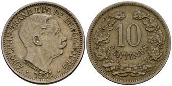 Люксембург 10 сантимов 1901 Адольф (1890-1905) KM 25 медно-никель 4602-437