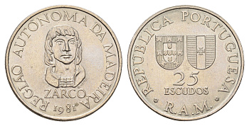 Португалия, Мадейра 25 эскудо 1981 Жуан Гонсалвиш Зарку KM 4 медно-никель UNC 4678-1047