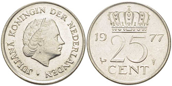 Нидерланды 25 центов 1977 Юлиана (1948-1980) KM 183 никель 214-1115