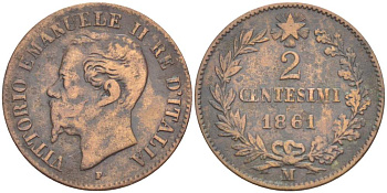 ИТАЛИЯ 2 ЧЕНТЕЗИМО 1861 М, МОНДВОР МИЛАН, ВИКТОР ЭММАНУИЛ II (1861-1878) KM 2.1 медь 4182-1213