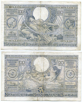 Бельгия 100 франков = 20 бельгасов 1942 Королева Елизавета, король Альберт, аллегорическая женщина Pick 112 бумага 444-61-2