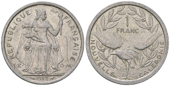Французская Новая Каледония 1 франк 1983 птица кагу, (IEOM) KM 10, Schoen 10, Lec 46 алюминий    51-2411