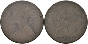 Великобритания 1 пенни 1863 Виктория (1837-1901) KM 749.2, Spink 3954 бронза 75-323