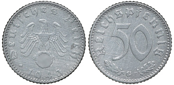 Германия 50 рейхспфеннигов 1943 G цена по каталогу МТ 70 евро J. 372, KM 96 алюминий 72-1335