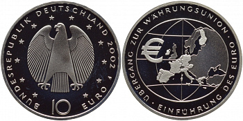 ФРГ 10 евро 2002 F, введение европейской валюты KM 215, DE.S. 10.1 серебро PROOF 01-107-42